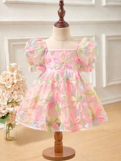 SHEIN Babygirl Elegant & Cute Colorful Floral Print Short Sleeve Dress