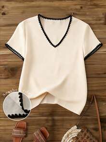 Franclia 女士夏季休闲撞色滚边衬衫和短裤两件套 - 杏色 - 查看 3