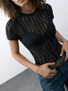 Maija Women's Fashionable Sheer Hollow-Out Short Sleeve Bodysuit, Summer - Black - View 1