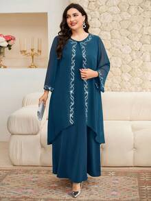 Modelyn Plus Size Elegant Rhinestone Embellished Jacket And Dress 2 Pieces Set, Autumn Fall - Teal Blue - View 6