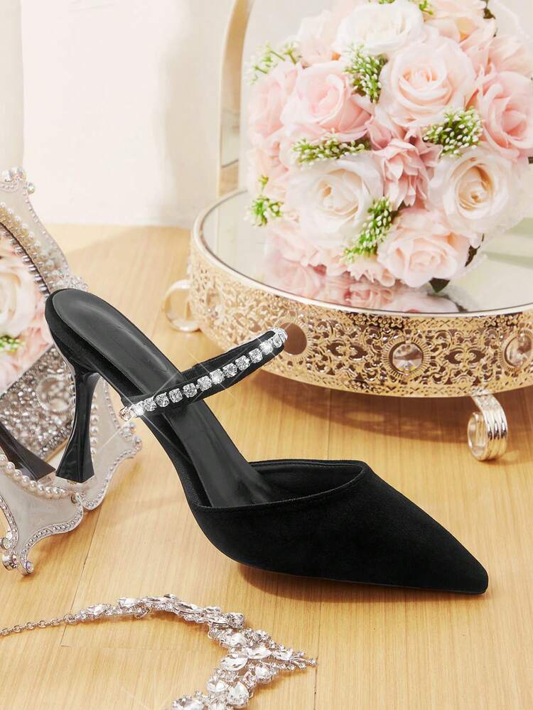 CUCCOO HITCHD Women's Pointed Toe Rhinestone Velvet High Heel Shoes, Elegant Luxury Formal Dress Mules, Suitable For Wedding Bride, Guest, Party, Valentine's Day Elegant Shoes Wedding Shoes
