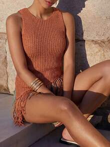 Maija Women Orange Sleeveless Fringed Hem Knit Top - Coral Orange - View 4