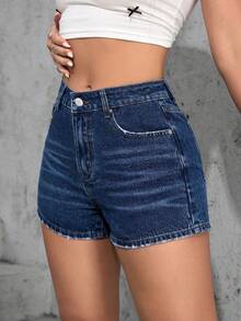 SHEIN ICON Quần short denim rách cạp chun gợi cảm kiểu cao bồi dành cho nữ cỡ lớn, trang phục mùa xuân. - Rửa tối - Xem 4