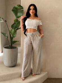 SHEIN SXY 女士度假沙滩钩针条纹罩衫和裤子套装 - 彩色 - 查看 9