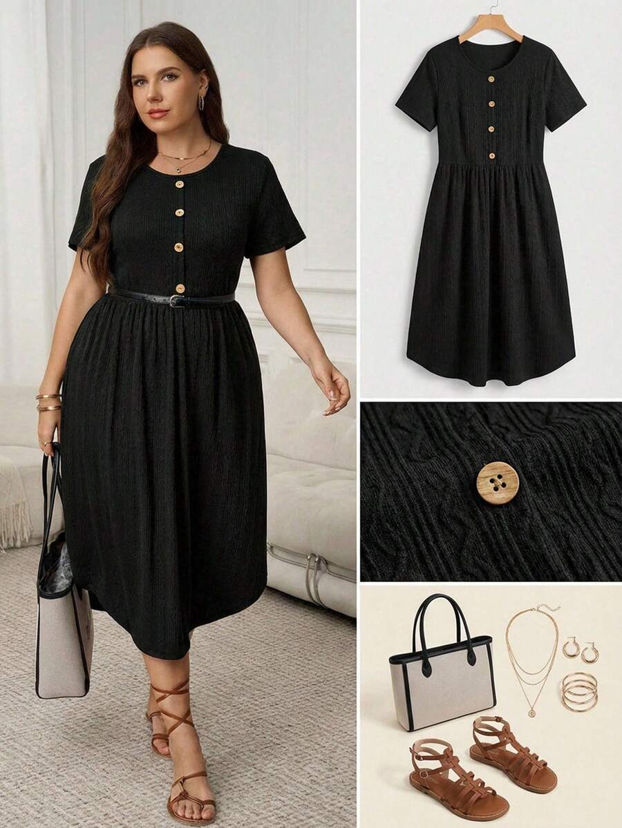 SHEIN LUNE Plus Size Basic Front Button Decor Round Neck Short Sleeve Comfortable Black Dress, Spring/Summer - Black - View 1