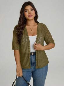 Comfylo Cárdigan casual de manga corta con abertura frontal, de punto jacquard de unicolor, talla grande - Marrón - Ver 7