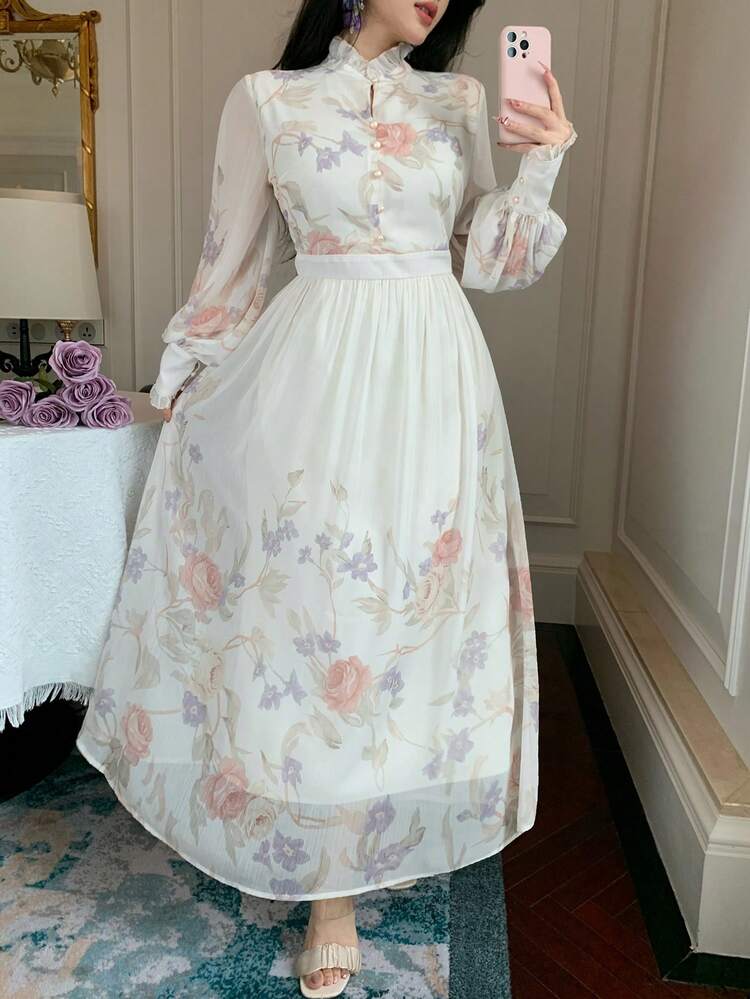 Women's Floral Print Elegant Dress With Stand Collar Sundress