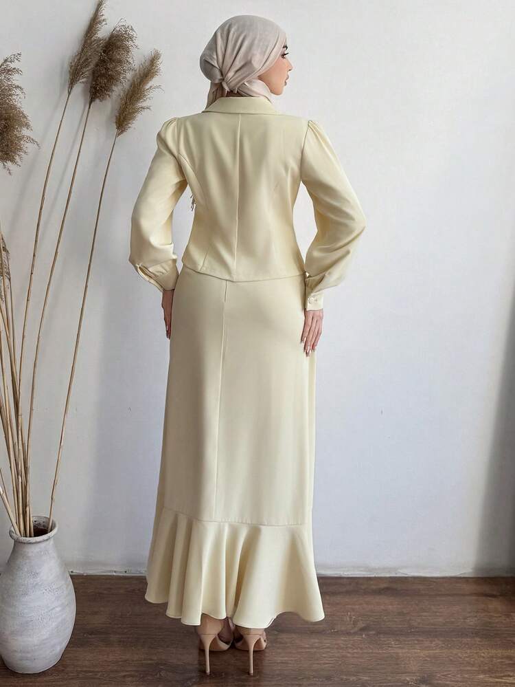 Women's Elegant Solid Color Collared Blouse With Ruffle Hem & A-Line Skirt 2-Piece Set, Spring/Summer