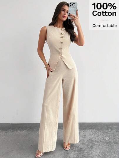 Firerie مجموعة سترة بلا أكمام ذات طوق غير متماثل وربطة خصر وبنطلون ذو خصر مطاطي، بدلة نسائية أنيقة للتنقل، مجموعة مريحة للعطلات، مجموعة طوق غير متماثل، مجموعة لون خاكي، مجموعة بنطلون، ملابس ربيع/صيف/خريف، أنيقة، للتنقل، كاجوال، يومية، بسيطة، للعطلات، ملابس عمل