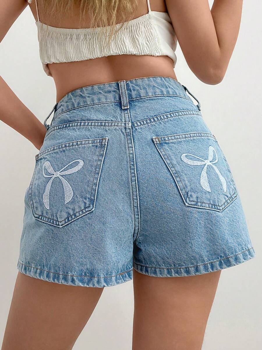 SHEIN High Waist Bow Detailed Mini Denim Short - Medium Wash - View 1