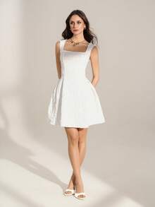 SHEIN Tall 女士无袖纯白色夏季中长连衣裙，简约休闲，适合日常穿着、派对和音乐节，是夏季女士连衣裙和白色连衣裙的理想之选。 - 白色 - 查看 1