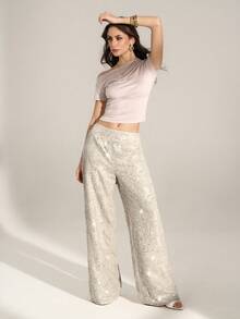 SHEIN Tall Women's Fashionable Commuter Sequin Wide Leg Pants - Beige - View 6