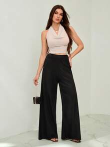 SHEIN Tall Casual Shiny Knit Material High Waist Wide Leg Pants For Women - Black - View 3
