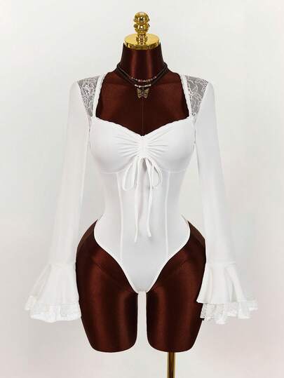 Amplova Women's Solid Color Lace Twist Design Ruched Casual Long Sleeve Bodysuit Spring Outfit Women Valentine Outfits For Women Bodysuits For Women Long Sleeve Swimsuit With Sleeves White One Piece Bodysuit Sexy Blouses White Body Suit Plus
