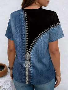 EMERY ROSE Patchwork Pattern Twill Texture Round Neck Short Sleeve Casual Plus Size T-Shirt, Spring - Multicolor - View 2
