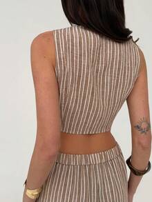 Aloruh 女士条纹不对称下摆上衣和阔腿裤休闲套装 - 棕色 - 查看 2