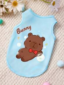 PETSIN 1件可爱泰迪熊吹泡泡字母印花宠物背心蓝色亲肤透气宠物服装 - 藍色 - 查看 1