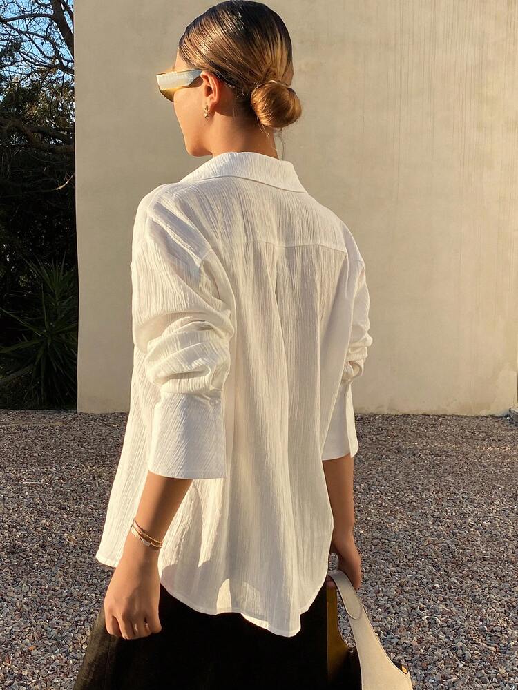 Women's Beaded Decor Loose Long Sleeve Turndown Collar Elegant Formal Blouse, Spring/Autumn