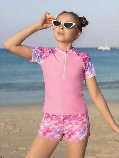 SHEIN Tween Girls' Gradient Ombre Fish Scale Print Half-Zip Front Tankinis Swimsuit, Beach Vacation Style, Summer