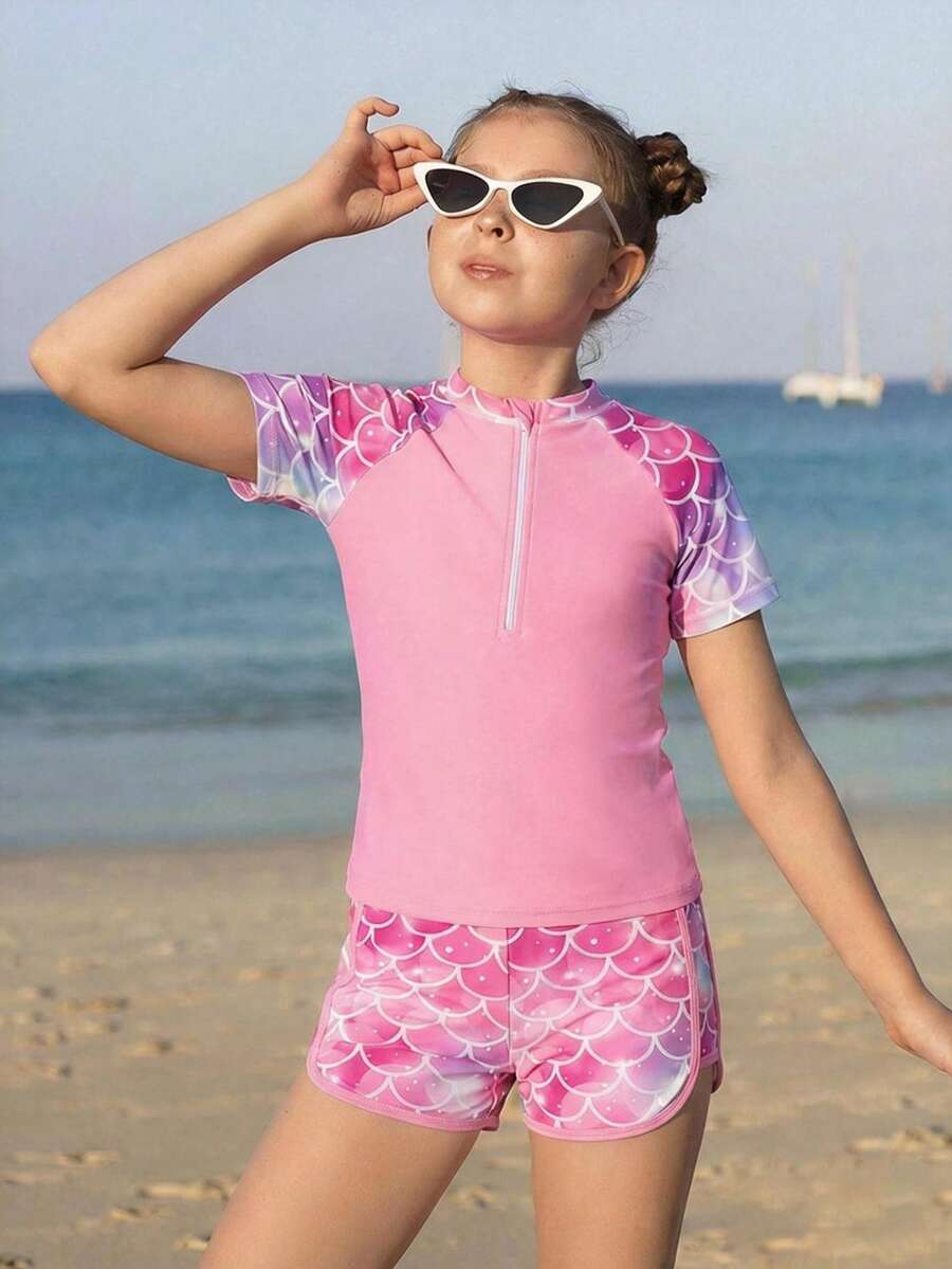 SHEIN Tween Girls' Gradient Ombre Fish Scale Print Half-Zip Front Tankinis Swimsuit, Beach Vacation Style, Summer - Pink - View 1
