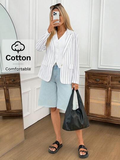 Easowa 黑白条纹宽松棉质女式西装外套，适合休闲、通勤、街头风、复古风、机场出行、春夏穿着。