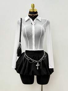 EgrlEra Camisa transparente casual de manga larga con botones delanteros de unicolor, estilo Y2K - Blanco - Ver 2
