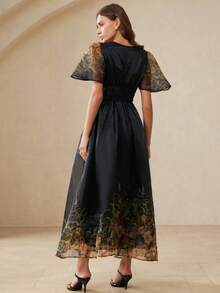 Aveloria Rosie New Arrival Princess Style Printed Organza Dress, V-Neck Short Sleeve Waist Cinched Dress - Multicolor - View 2