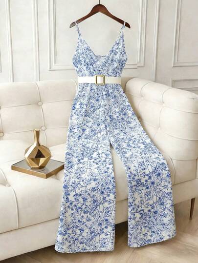 GlowEve Women's Elegant Ditsy Floral V-Neck Sleeveless Wrap Waist Wide Leg Jumpsuit, Suitable For Spring And Summer Vacation