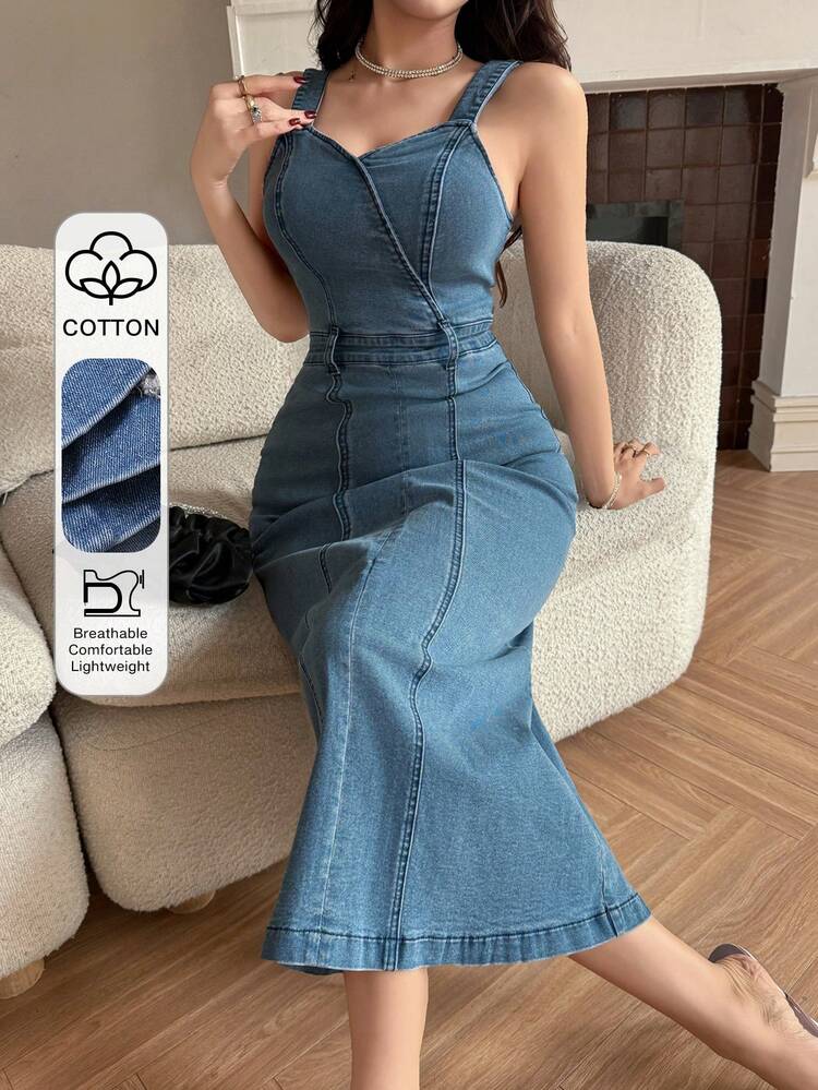 Women's Casual Washed Sleeveless Slit Denim Dress, Summer, Wedding Guest Dress Women Dress