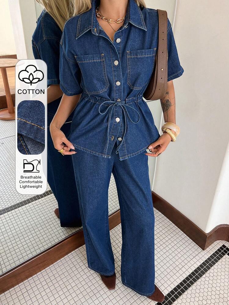 Women's Casual Washed Waist Belt Pocket Shirt And Wide Leg Jeans Set, Spring/Summer