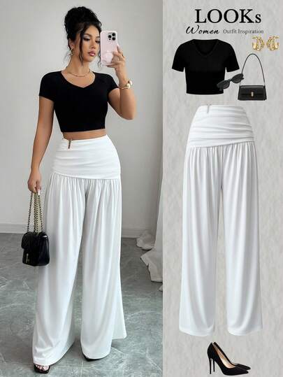 SHEIN Elenzya White High-Waisted Pleated Wide-Leg Pants, Draping Loose Maxi Trousers, Elegant Formal/Casual Wear, Slimming