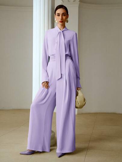 ZEYLAH 轻盈雪纺长袖连体裤，配缎带领和水钻纽扣，春夏款