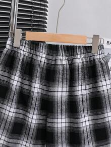 SHEIN 2pcs Baju Santai Kasual Lengan Pendek Katun Motif Kotak-kotak Huruf & Angka untuk Remaja Laki-laki, Cocok untuk Musim Semi & Musim Panas - MultiWarna - View 6