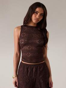 SHEIN BAE Casual Lace Hollow Textured Sleeveless Tank Top, Suitable For Leisure, Vacation, Beach, Brunch, Casual Wear - Brown - View 1