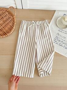 女宝宝休闲度假可爱百搭条纹弹力腰裤 - 杏色 - 查看 1