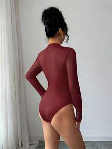 Elenzga 新款女士网纱拼接针织长袖连体衣，性感优雅，适合度假、派对、约会等场合。 - 酒紅色 - 查看 2