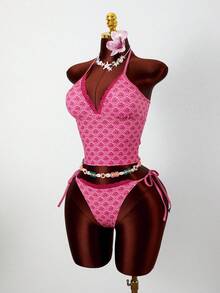 Zestiva 2026 Spring/Summer Spaghetti Strap Fuchsia Floral Deep V-Neck Pink Lace Trim Side High Cut Women's Bikini Swimwear 2-Piece Set - Pink - View 3