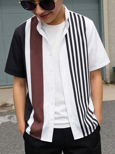 SHEIN Teen Boys' Black & White Contrast Collar Short Sleeve Shirt, Casual, School, Comfortable, Fashion, Versatile, Soft Fabric, Suitable For Daily Wear, School, Outings, Music Festivals, Holidays, Parties, Summer Beach Vacations, Spring/Summer