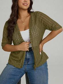 Comfylo Cárdigan casual de manga corta con abertura frontal, de punto jacquard de unicolor, talla grande - Marrón - Ver 4