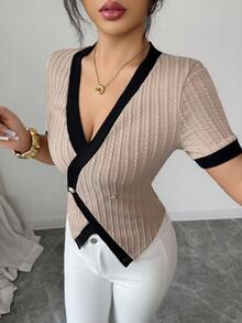 Elenzga 女士卡其色针织提花扭结V领短袖收腰开衩下摆撞色滚边修身夏季新款时尚优雅办公T恤 - 卡其色 - 查看 7