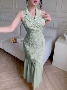 Modelyn Vestido Elegante com Gola de Lapela, Dupla Fileira de Botões, Chiffon, Patchwork Jacquard Amarelo - Verde - Visão 2