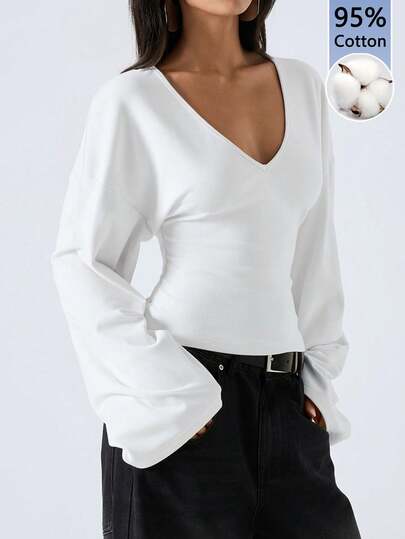LYSMO Vacation & Festival Women's 95% Cotton White Deep V-Neck Bell Sleeve Shirt – Comfortable Minimalist Spring Elegant Casual Top For Commuting, Holiday Events, Graduation, Date, Party & Wedding Guest