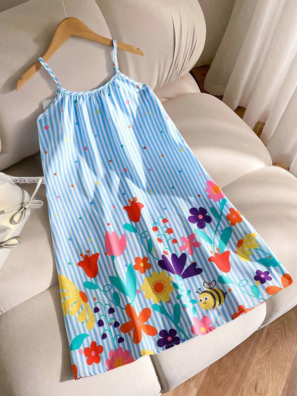 Sparklyn Tween GirlsRainbow Striped Print Sleeveless Ruffle Hem Casual Vacation Dress