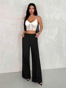SHEIN PETITE Quần dài nữ màu mơ nhạt, chất liệu vải chéo, có cúc cài và túi, cạp thấp, kiểu dáng đơn giản, phù hợp cho đi làm, dạo phố, thời trang, phong cách cổ điển, công sở, quần mùa đông cho nữ, quần ống rộng, quần casual. - màu đen - Xem 7