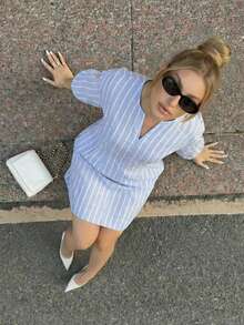 Dripcurv Plus-Size Women's Blue Striped Dress,Elegant,Everyday V-Neck Urban Commuter Dress,Blue And White Autumn Mid-Sleeve Lantern Puff Sleeve Spring Dresses - Baby Blue - View 5