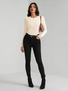 SHEIN Tall 纯色修身春季女士连体衣 - 杏色 - 查看 4