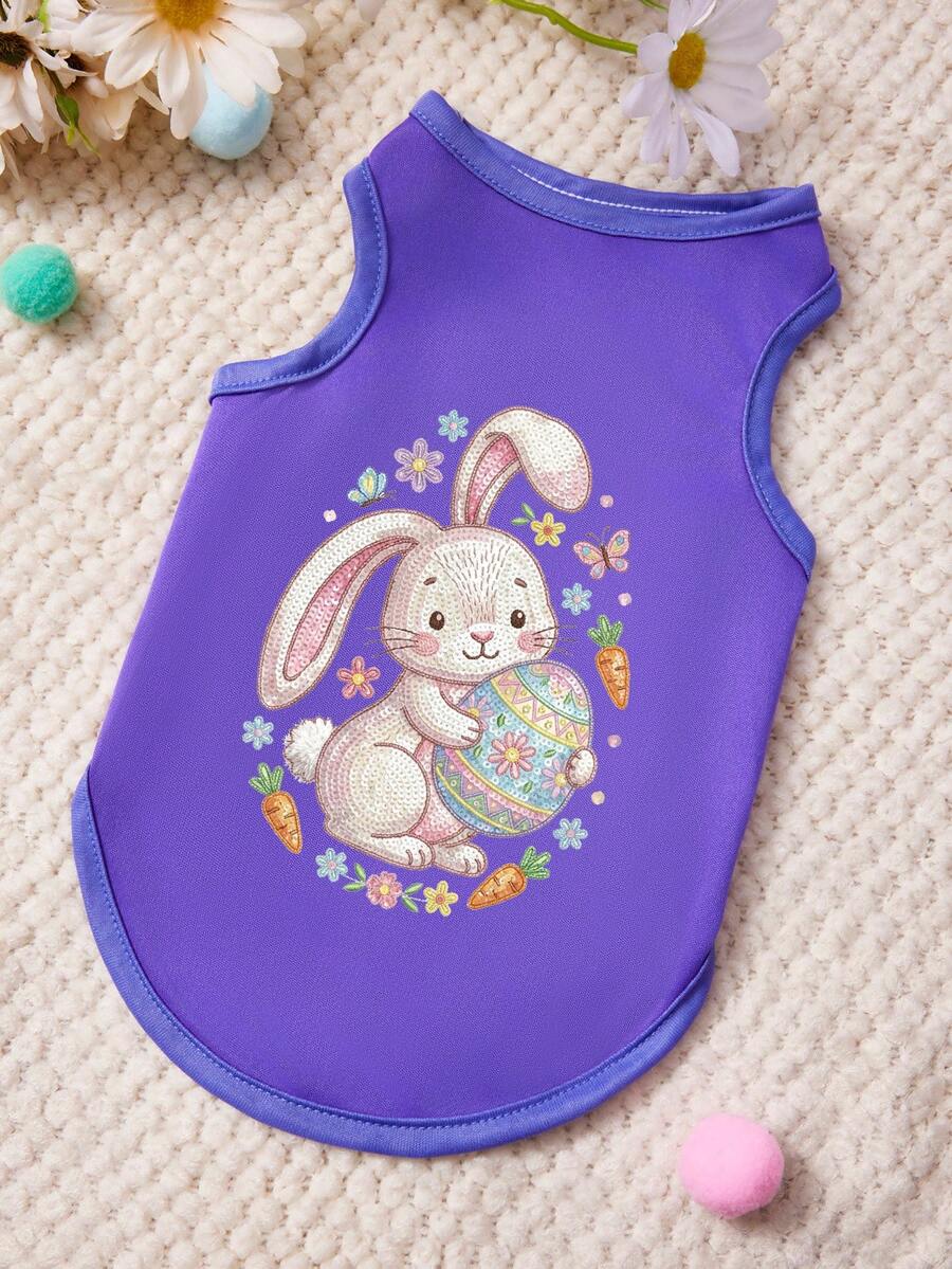 PETSIN 1件可爱小兔子拥抱复活节彩蛋胡萝卜蝴蝶花朵印花宠物背心紫色亲肤透气宠物衣服 - 紫色 - 查看 1