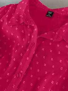 GlowEve CURVE Plus Size Solid Color Front Button Ruffle Hem Casual Versatile Shirt - Hot Pink - View 3