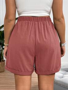 SHEIN Tall CURVE Women's Plus Size Fashionable Casual Loose Shorts With Pocket Design - Pink - View 2