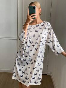 DAZY Butterfly Print Loose Asymmetrical Shoulder Women Nightgown - Beige - View 4